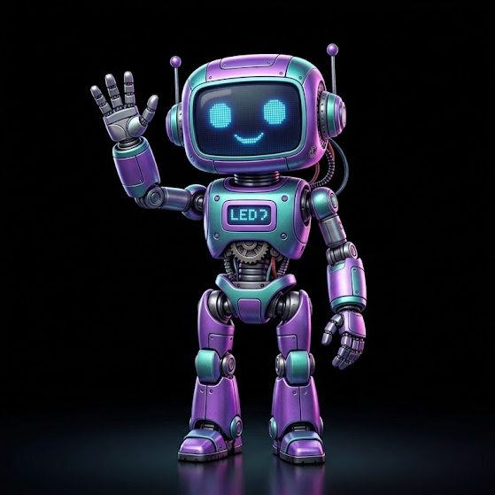 TomBot full body — synthwave concierge robot
